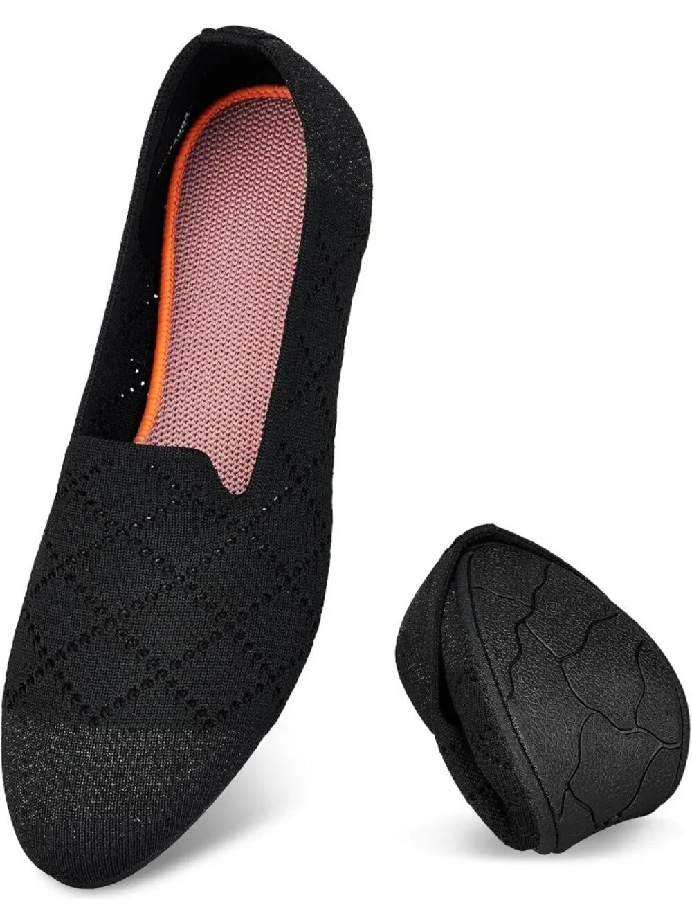 Womens Black Orange1 Rubber Knit Ballet Flat Arch Support Slip On Foldable Shoes